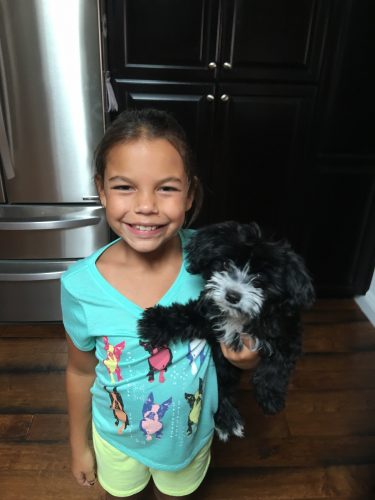 An image of Mareena standing in her kitchen with her small black and white dog smiling for the camera